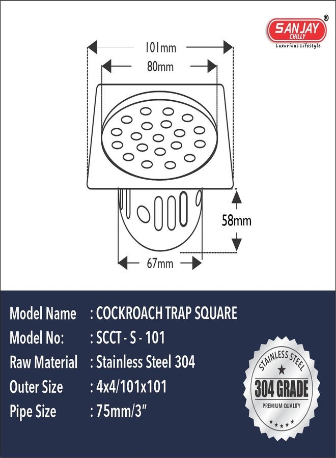 Sanjay Chilly Square Floor Drainer for Bathroom | Floor Drain Jali with Cockroach Trap Bathroom Gratings | Stainless Steel 304 Grade Sink Strainer Kitchen Hair Catcher (4 x 4 INCHES) - Image 3